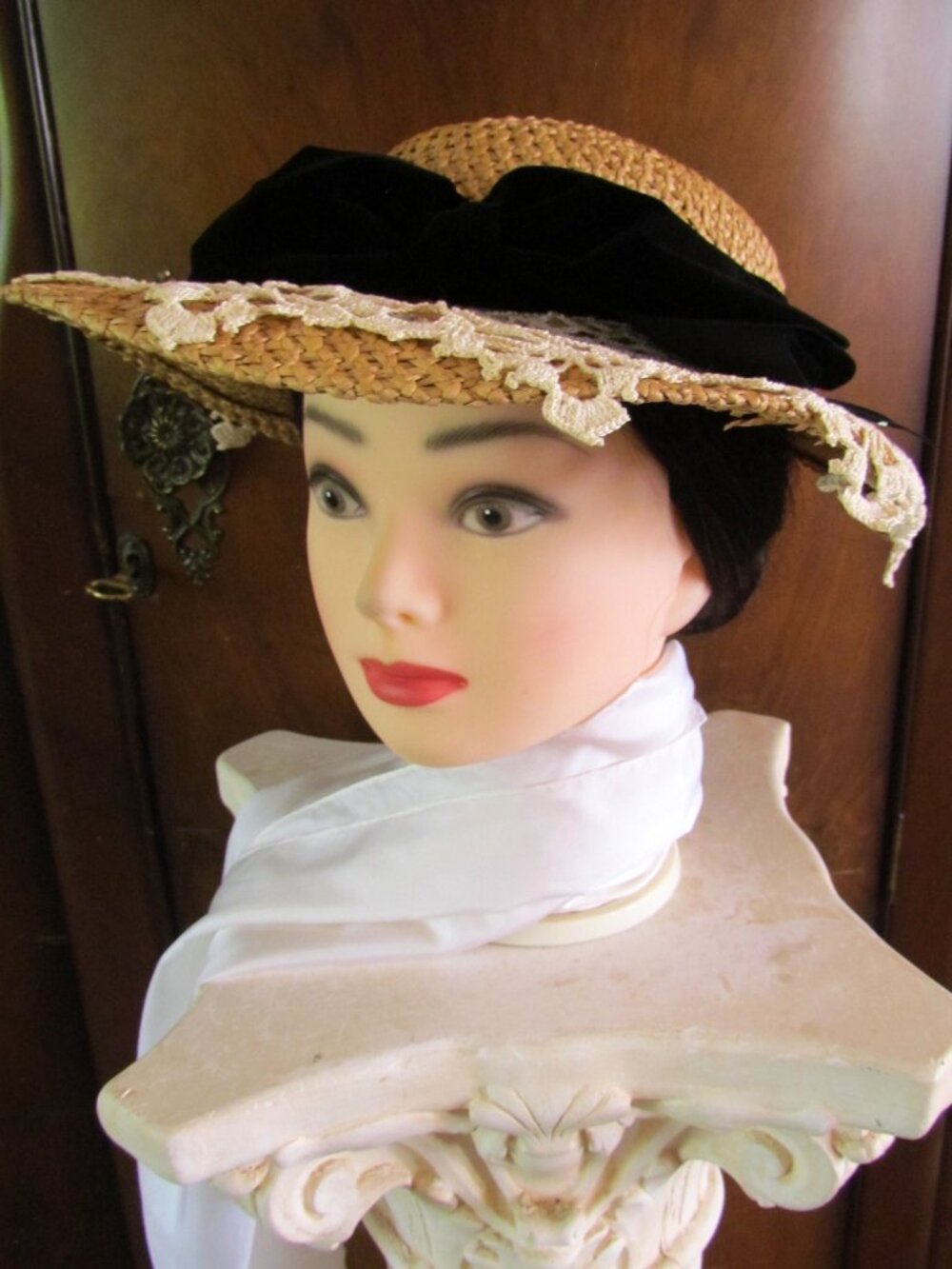VICTORIAN HAT CIVIL WAR COSTUME - STRAW w HANDMADE LACE & BLACK VELVETEEN BOWS